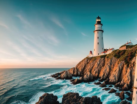 The image shows a lighthouse standing on a rocky cliff overlooking the ocean at sunset.