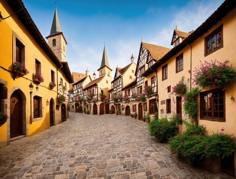 The image shows a narrow cobblestone street lined with colorful buildings in a quaint European town.