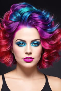 The image shows a woman with bright pink hair, blue eyes, and a colorful wig.
