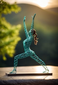 Woman in yoga pose, bent wire figure on nature backdrop, Creative figures symbol of tranquility, art and serenity intersection