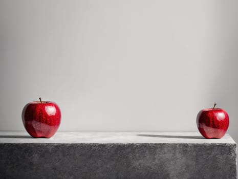 The image shows two red apples sitting on top of a stone pedestal.