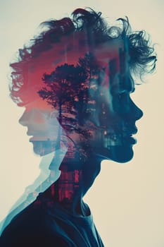 A stunning double exposure portrait capturing the mans gesture with trees in his head, featuring electric blue, magenta, and paintlike graphics