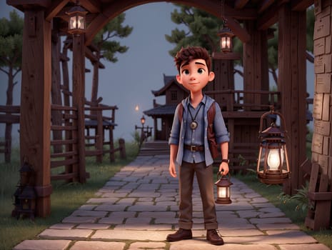 The image shows a young boy standing in a forest, holding a lantern and looking up at the sky.