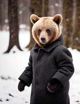 The image shows a brown bear wearing a coat and standing in the snow with its paws on the ground.