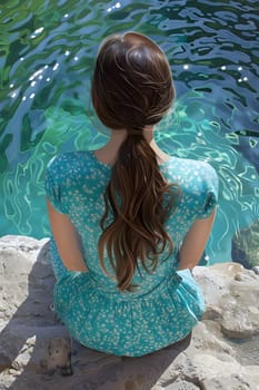 A happy woman in a blue dress is relaxing on a rock near a body of water, enjoying leisure time by the aqua. She looks content while dipping her feet in the water