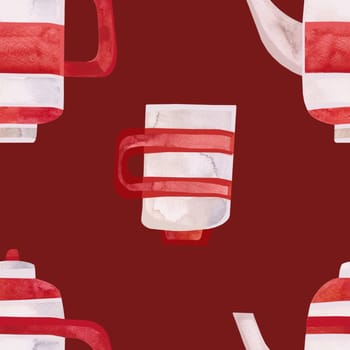 Watercolor seamless pattern with old-fashioned teapots and cups in red and white stripes. Pattern for seasonal wrapping paper, fabric, textiles, tablecloths and curtains in a tea cafe or coffee shop