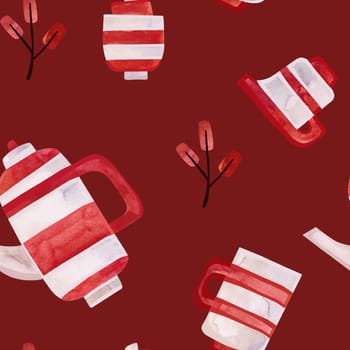Watercolor seamless pattern with old-fashioned teapots and cups in red and white stripes. Pattern for seasonal wrapping paper, fabric, textiles, tablecloths and curtains in a tea cafe or coffee shop