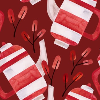 Watercolor seamless pattern with old-fashioned teapots and cups in red and white stripes. Pattern for seasonal wrapping paper, fabric, textiles, tablecloths and curtains in a tea cafe or coffee shop