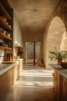 A kitchen with hardwood cabinets and a stone wall, incorporating natural wood fixtures and flooring. Houseplants in flowerpots add a touch of green to the space