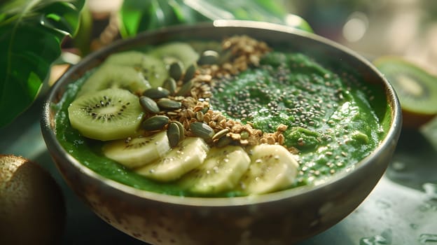 A dish of green smoothie made with bananas and topped with kiwi slices, served in a bowl on the tableware. This refreshing recipe includes ingredients sourced from terrestrial plants and vegetables