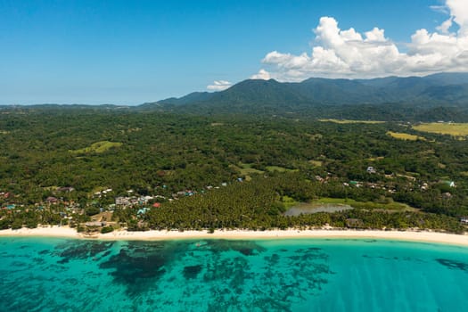 Aerial view of sandy beach with palm trees and sea. Pagudpud, Ilocos Norte, Philippines.