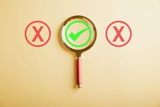 Man hand holds magnifying glass deciding between yes or no options for business. Red question mark signifies difficulty. Decision-making concept shown with check mark. Think With Yes Or No Choice.