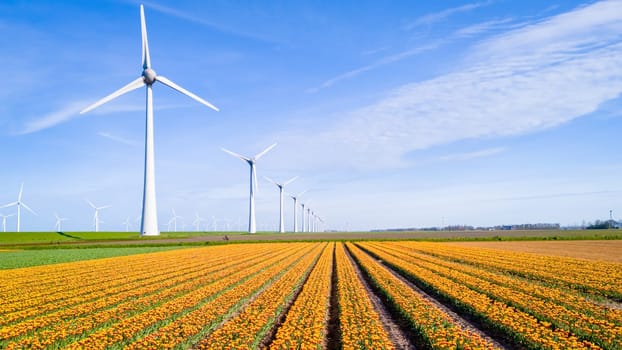 A picturesque landscape unfolds before our eyes as colorful flowers sway in the wind, with majestic windmills standing tall in the distance. windmill turbines, green energy, eco-friendly, earth day