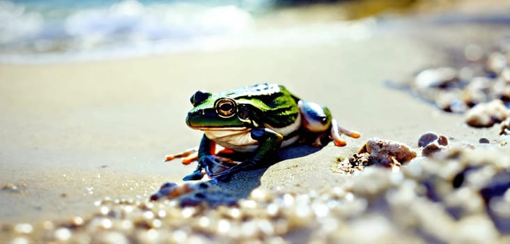 Green frog on the sea beach. Generative AI. High quality photo