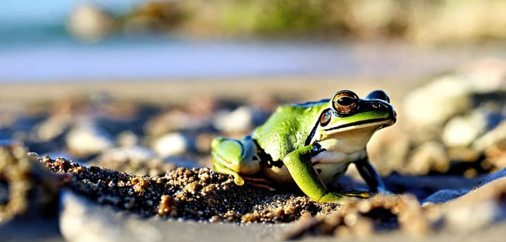 Green frog on the sea beach. Generative AI. High quality photo