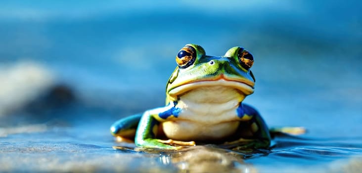 Green frog on the sea beach. Generative AI. High quality photo