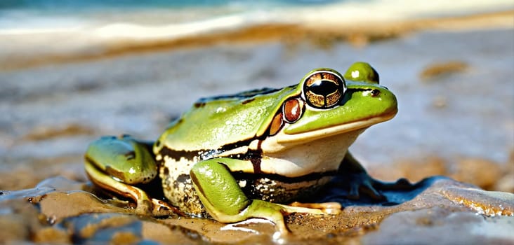 Green frog on the sea beach. Generative AI. High quality photo