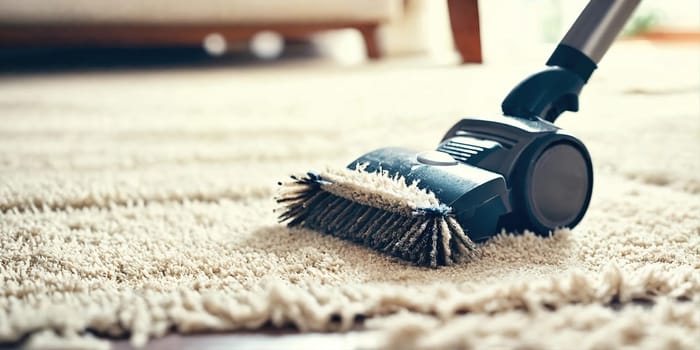 The vacuum cleaner brush cleans the carpet. Generative AI. High quality photo