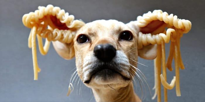 Noodles on the dog's ears. Generative AI. High quality photo