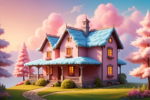 cozy warm house of pastel pink color in warm colors with a roof made of warm fur .