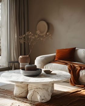 A cozy living room in a house with wooden flooring, featuring a comfortable couch and a coffee table. The interior design includes curtains for added warmth and elegance