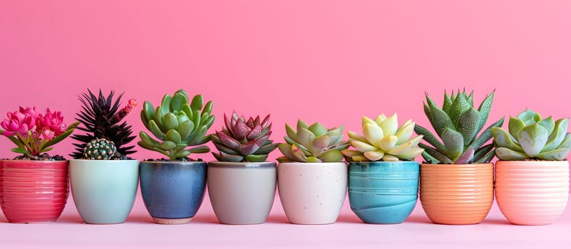 A display of vibrant houseplants in flowerpots, including purple and pink succulents, on a pink background. Adds a pop of color to any table or vase arrangement