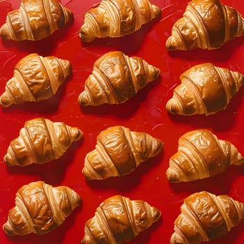 A delicious display of freshly baked croissants arranged on a vibrant red surface, showcasing the beauty of this classic French pastry