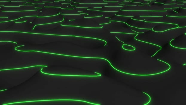 Cyber landscape green curve glow lines big data analyzes 3d render