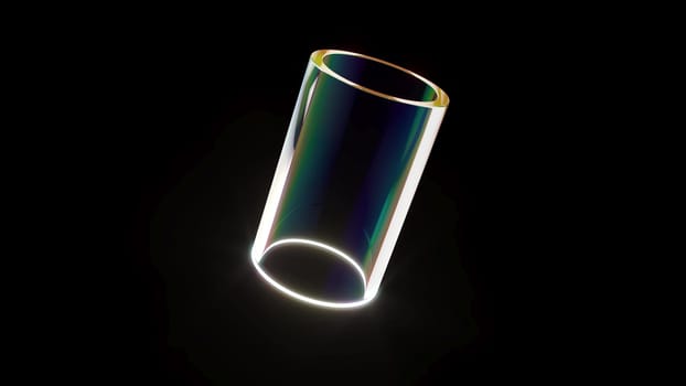 Holographic cylinder glass or crystal geometric object on black back 3d render