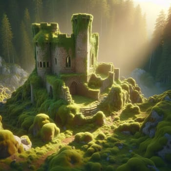 Sunset in a summer rocky forest. The ruins of an old abandoned castle, covered with moss. AI generated