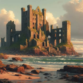 Summer evening on the seashore. An old abandoned castle and sunset surf. AI generated