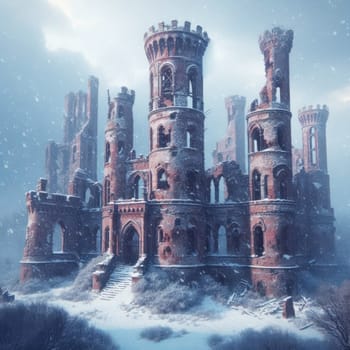 Winter day and overcast. Snowfall and an old abandoned castle. AI generated