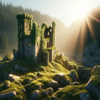 Summer sunset in a rocky forest. An old abandoned castle overgrown with moss. AI generated