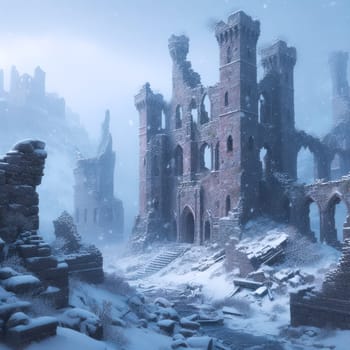 Ruins of an old abandoned castle. Snowfall on a cloudy winter day. AI generated