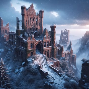 Winter evening in wooded mountains. Old abandoned castle and snowfall. AI generated