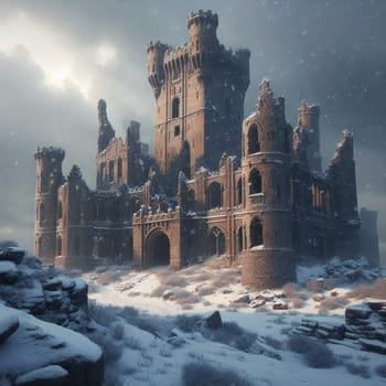 Snowfall and sunny winter rays. Old abandoned castle. AI generated