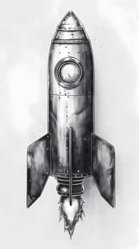 A monochromatic drawing of a sleek rocket on a white background, showcasing intricate details of its titanium cylindrical body. A fusion of automotive lighting and artistic still life photography