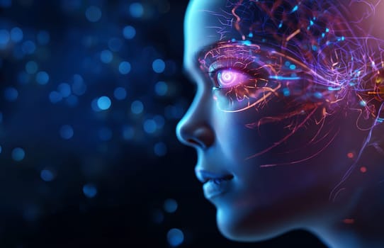 outline of female brain and face with pink neon eyes and built-in glowing wires and chips, human-like android robot, mind control and management concept, futuristic future,Generated AI