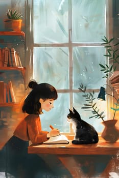 A Felidae carnivore sits on a shelf near the window, watching a girl writing in a notebook. The room is filled with art and plants, creating a cozy atmosphere