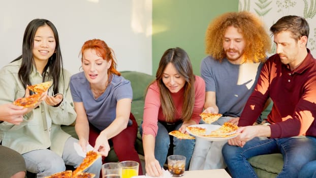 Friends chilling and smiling eating pizza together at home