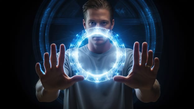 Businessman controls virtual computer in augmented reality,in front of person there is glowing neon circle,development of intelligent important computing systems in the modern world,Generated AI