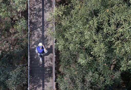 Bangkok, Thailand - Jan 1, 2020 - A female is walking across a wooden bridge that spans by lush green forest on a sunny morning. Wooden bridge crossing forest tropical eco-park, Space for text, Selective focus.