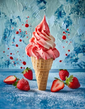 Strawberry ice cream and strawberries on blue background.