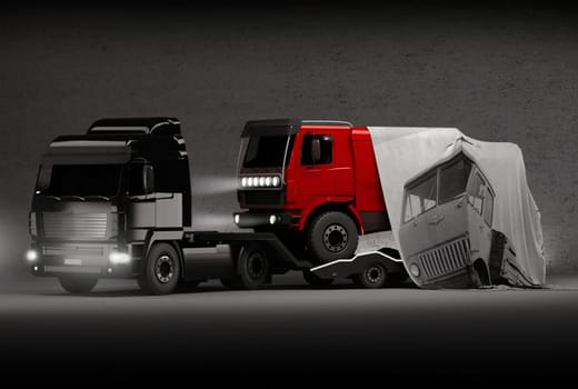 A European cargo truck is pulling a racing truck on a trailer for the Dakar race.
