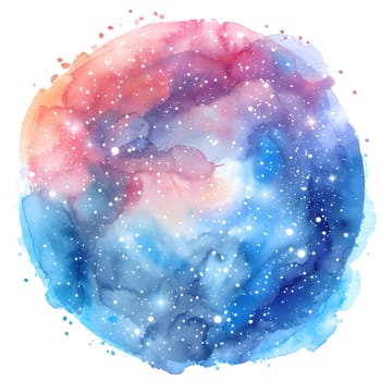A watercolor painting showcasing a galaxy with stars arranged in a circle, featuring vibrant electric blue hues. An art piece capturing the beauty of astronomical objects