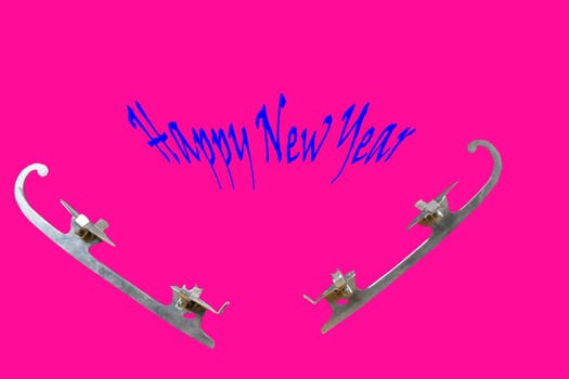 Vintage ice-skate on pink background. Text - Happy New Year. Copy space.