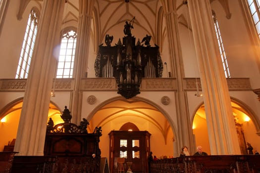 BRNO, THE CZECH REPUBLIC - DECEMBER 28, 2018: The Church of St. Jacob the Elder is a late Gothic three-nave hall church located on the Jakub Square in the Brno. View on church organ.