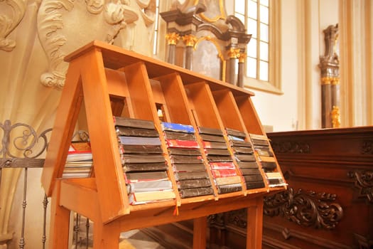 Hymn books for prayers in church. The bibles and hymnals.