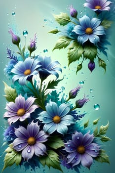 Bouquet of colorful bright flowers, isolated on a blue background.