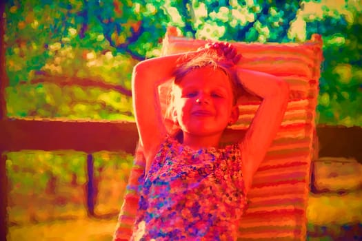 Digital watercolor painting of cute little girl. Girl sitting on garden lounge on verandah.